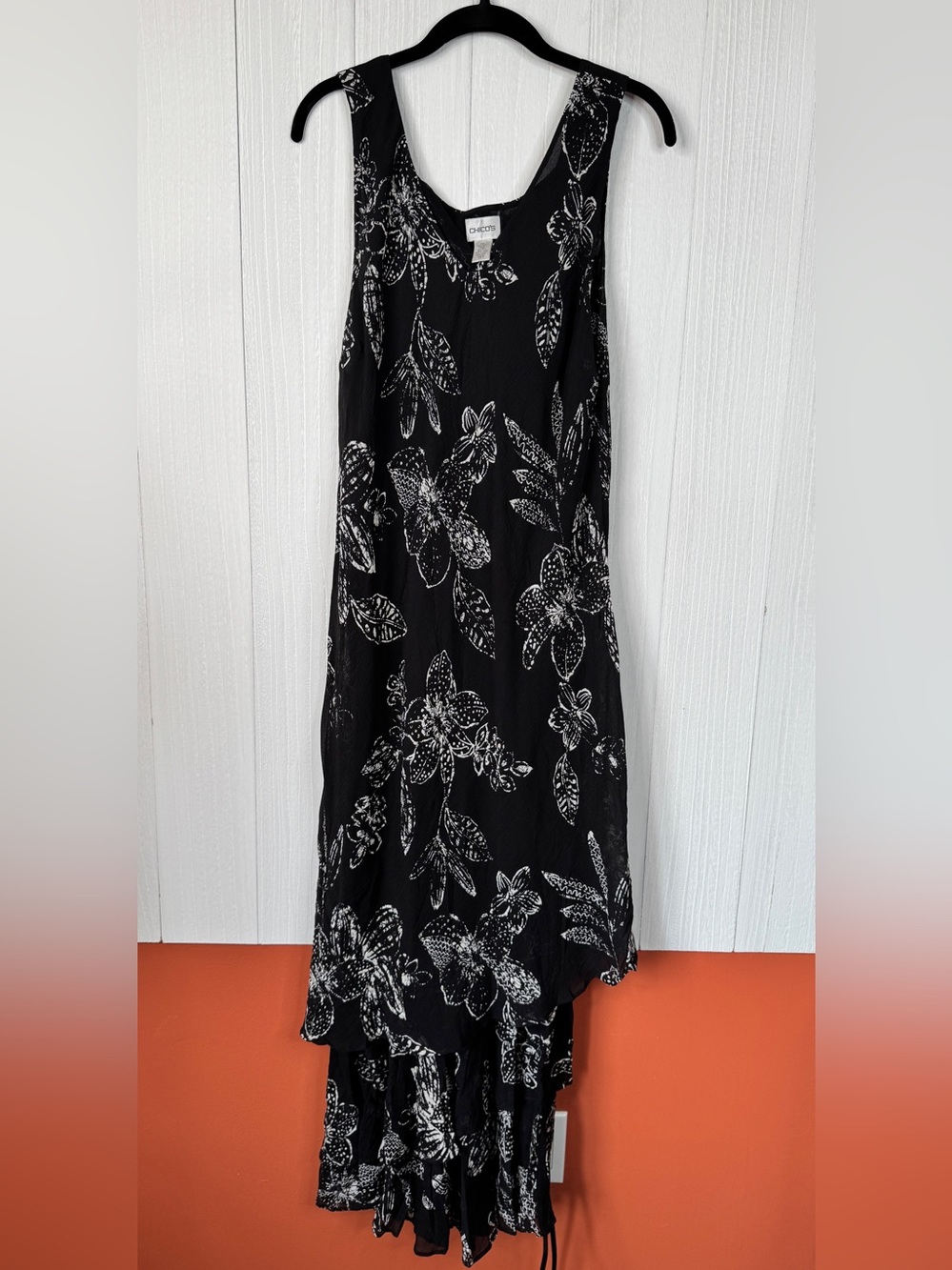 Chico’s Black & White Floral 100% Silk Asymmetrical Layered Maxi Dress Size 3